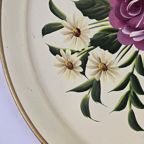 Tole by Pilgrim Art Large Round Metal Tray Roses and Daisy Pattern Gold Rim - Picture 6 of 15